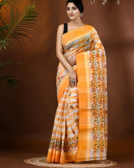 Exquisite Floral Pure Cotton Block Print Saree: Traditional Indian Drape for Women