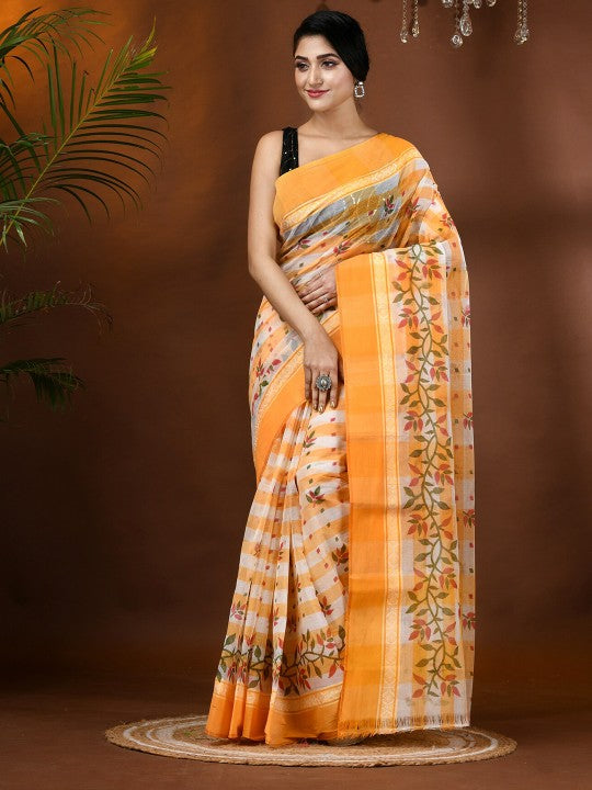 Exquisite Floral Pure Cotton Block Print Saree: Traditional Indian Drape for Women