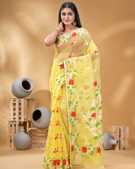 Exquisite Floral Woven Pure Cotton Jamdani Saree with Elegant Design Border