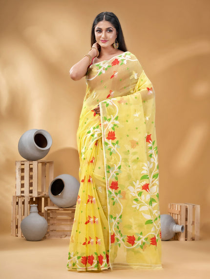 Exquisite Floral Woven Pure Cotton Jamdani Saree with Elegant Design Border