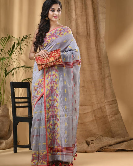 Exquisite Silver-Toned Red Silk Cotton Taant Saree with Woven Ethnic Motifs