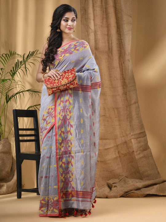 Exquisite Silver-Toned Red Silk Cotton Taant Saree with Woven Ethnic Motifs