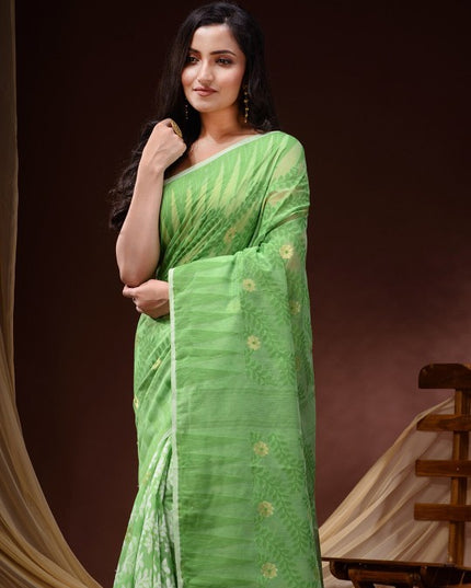 Exquisite DESH BIDESH Pure Cotton Jamdani Saree: Floral Woven Design, Elegant Indian Traditional Attire