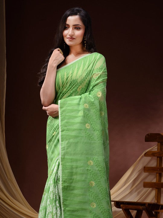 Exquisite DESH BIDESH Pure Cotton Jamdani Saree: Floral Woven Design, Elegant Indian Traditional Attire