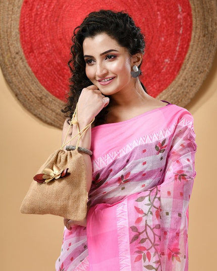 DESH BIDESH Pink Floral Pure Cotton Block Print Saree without Blouse