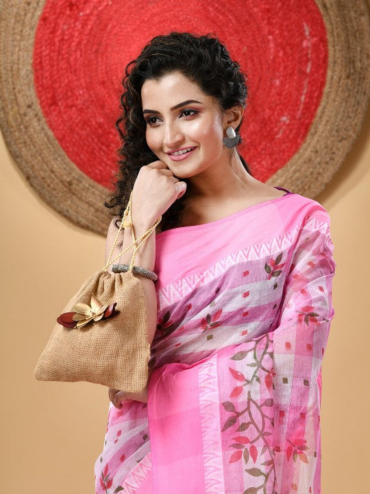 DESH BIDESH Pink Floral Pure Cotton Block Print Saree without Blouse