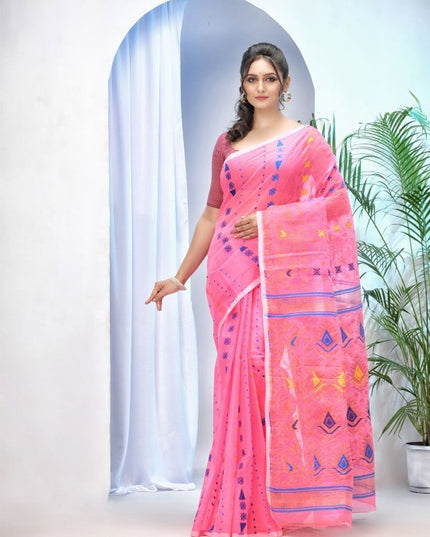 DESH BIDESH Pink Woven Design Jamdani Saree for Women