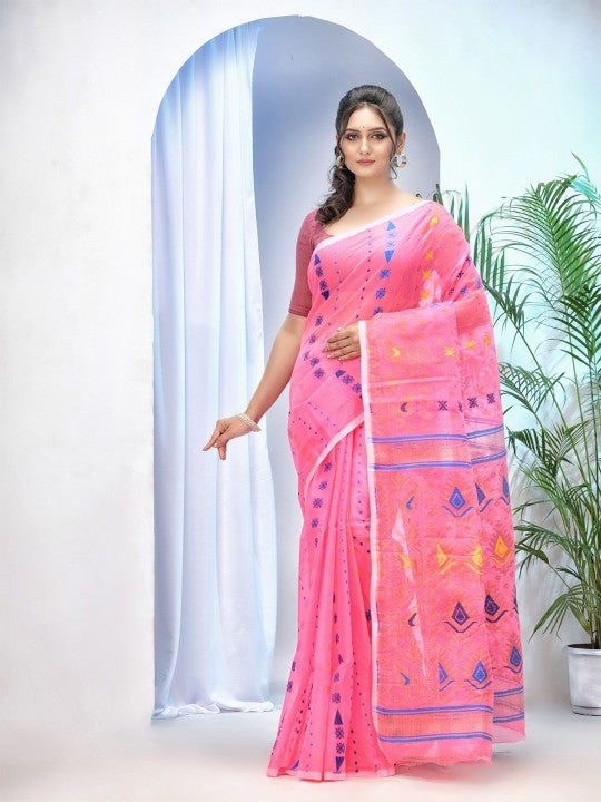 DESH BIDESH Pink Woven Design Jamdani Saree for Women