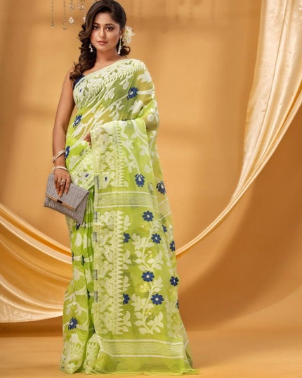 DESH BIDESH Floral Woven Pure Cotton Jamdani Saree - Elegant Indian Attire