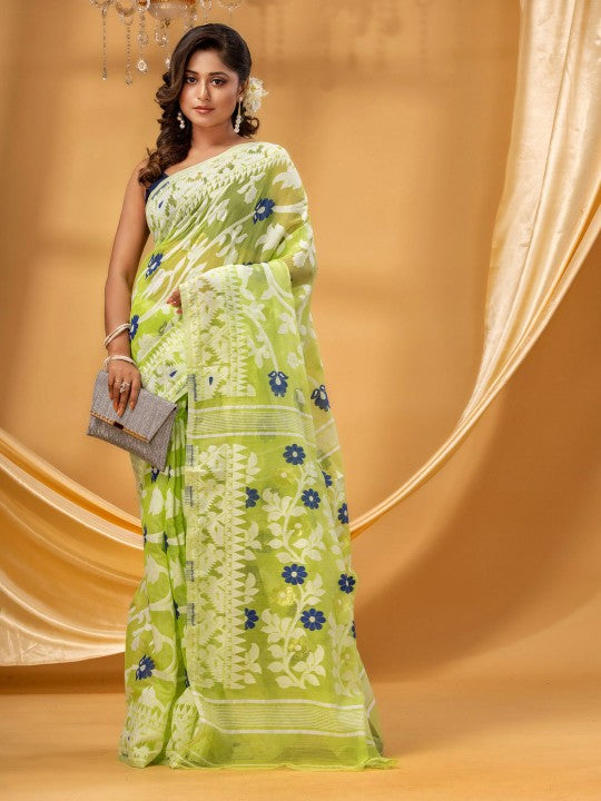DESH BIDESH Floral Woven Pure Cotton Jamdani Saree - Elegant Indian Attire