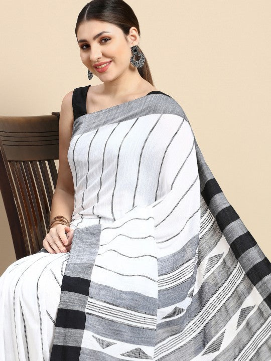 DESH BIDESH Woven Design Striped Pure Cotton Taant Saree