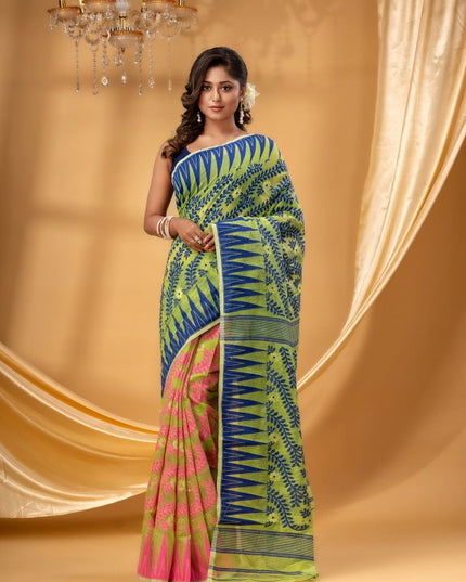 DESH BIDESH Pink-Green Pure Cotton Jamdani Saree: Elegant Woven Border Design