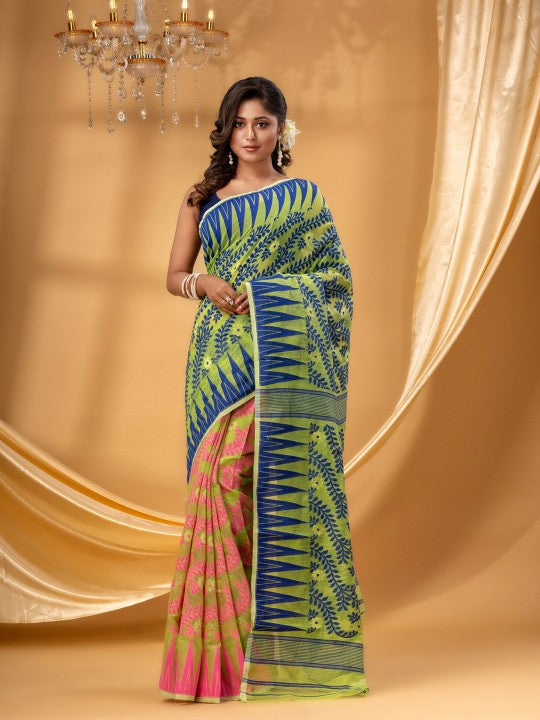 DESH BIDESH Pink-Green Pure Cotton Jamdani Saree: Elegant Woven Border Design