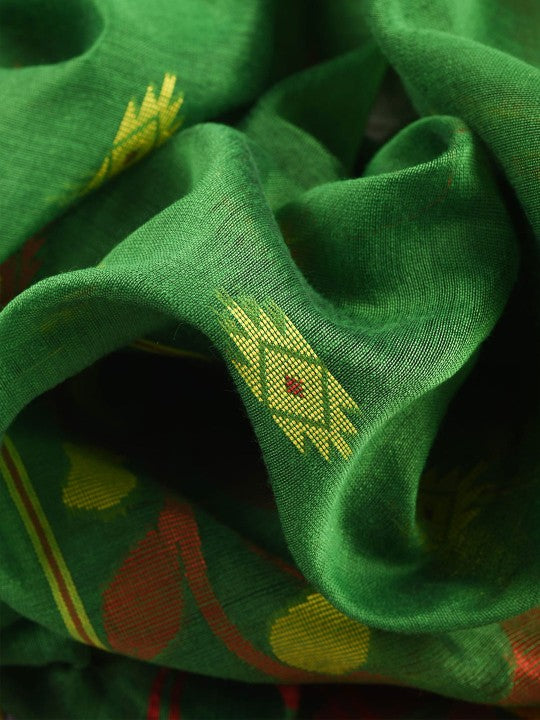 DESH BIDESH Green & Red Woven Design Silk Cotton Taant Saree for Women
