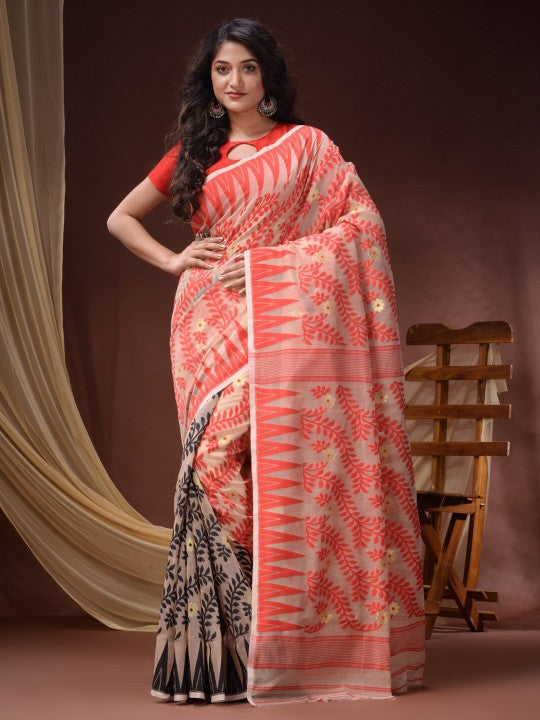 Elegant DESH BIDESH Floral Woven Pure Cotton Jamdani Saree; Traditional Indian Attire
