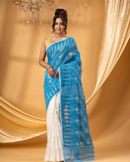 Exquisite Blue White Jamdani Saree: Pure Cotton Floral Woven Design Sari