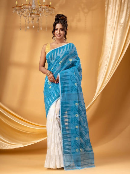 Exquisite Blue White Jamdani Saree: Pure Cotton Floral Woven Design Sari