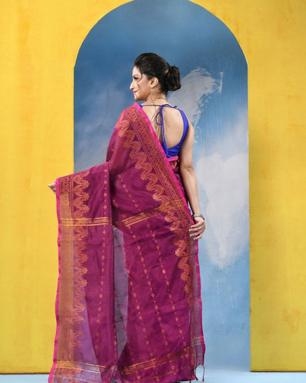 Exquisite Pink & Gold Woven Zari Pure Cotton Blend Saree with Intricate Floral Design