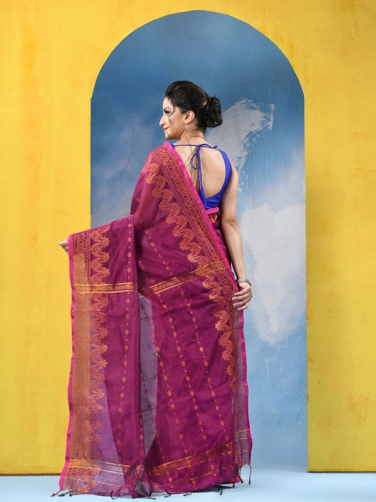 Exquisite Pink & Gold Woven Zari Pure Cotton Blend Saree with Intricate Floral Design