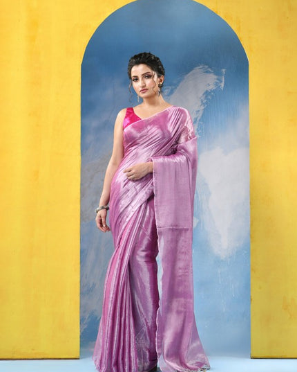 DESH BIDESH Embellished Pink Tissue Taant Saree for Women