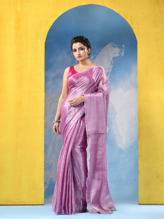 DESH BIDESH Embellished Pink Tissue Taant Saree for Women
