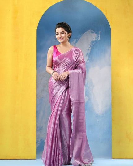 DESH BIDESH Embellished Pink Tissue Taant Saree for Women