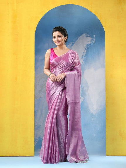 DESH BIDESH Embellished Pink Tissue Taant Saree for Women