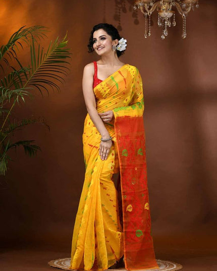 Exquisite Yellow & Red Paisley Woven Design Phulkari Jamdani Saree for Women