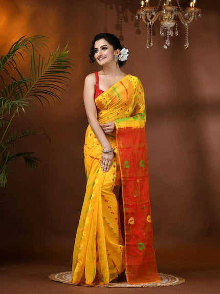 Exquisite Yellow & Red Paisley Woven Design Phulkari Jamdani Saree for Women
