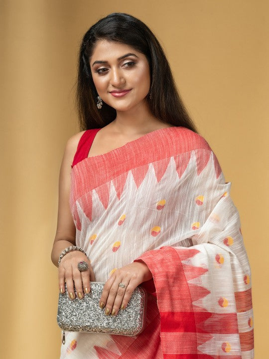 Exquisite Red & White Handloom Khadi Saree with Geometric Woven Design Border
