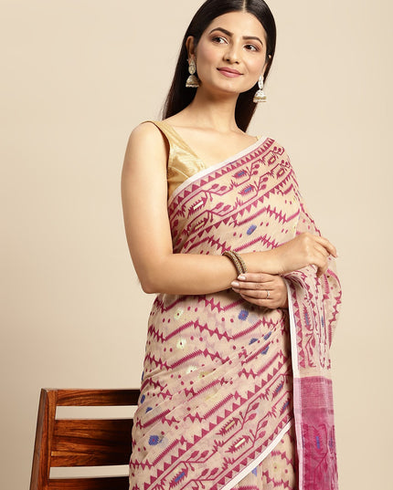 DESH BIDESH Cream Coloured & Magenta Woven Design Pure Cotton Jamdani Saree