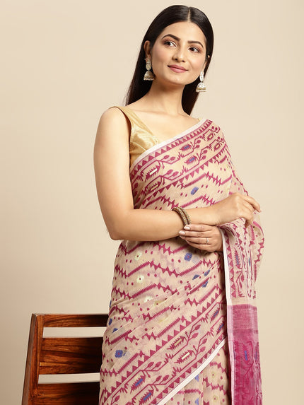 DESH BIDESH Cream Coloured & Magenta Woven Design Pure Cotton Jamdani Saree