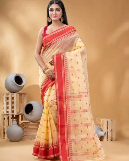 DESH BIDESH Cream-Coloured Red Woven Design Pure Cotton Handloom Taant Saree