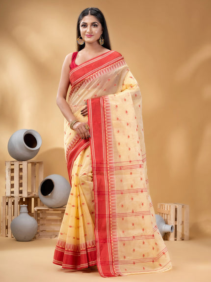 DESH BIDESH Cream-Coloured Red Woven Design Pure Cotton Handloom Taant Saree