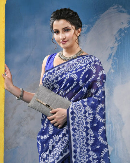 DESH BIDESH Blue & White Woven Design Zari Jamdani Saree with Border