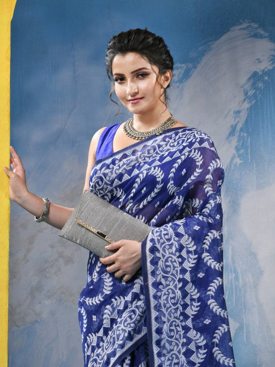DESH BIDESH Blue & White Woven Design Zari Jamdani Saree with Border