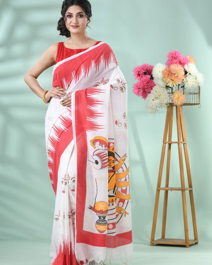 DESH BIDESH Pure Cotton Handloom Saree: Exquisite Handcrafted White and Red Cotton Saree