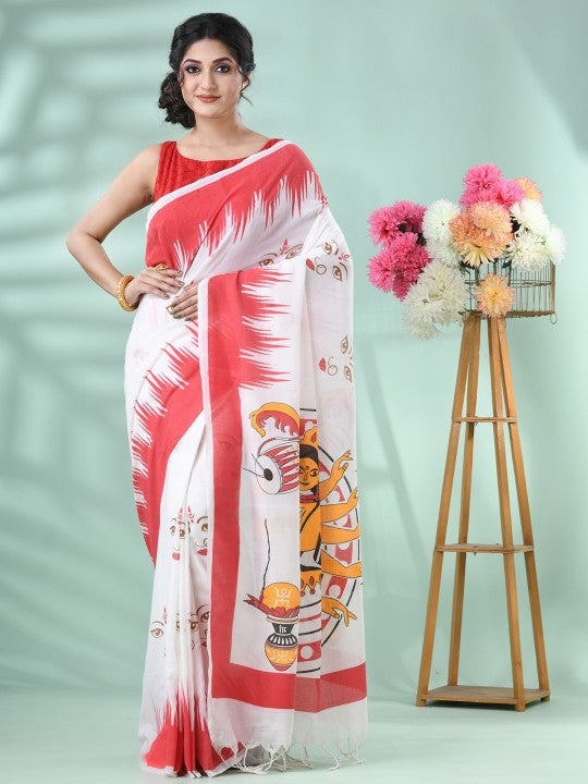DESH BIDESH Pure Cotton Handloom Saree: Exquisite Handcrafted White and Red Cotton Saree