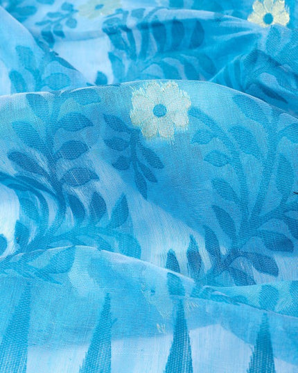 Exquisite Blue White Jamdani Saree: Pure Cotton Floral Woven Design Sari