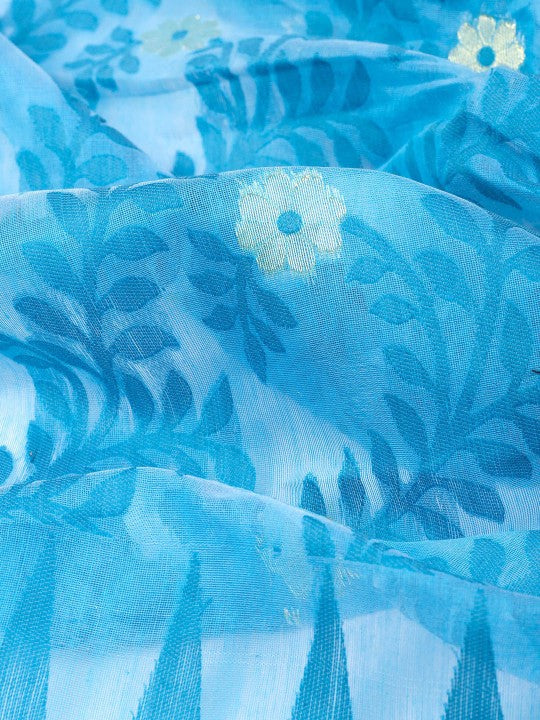 Exquisite Blue White Jamdani Saree: Pure Cotton Floral Woven Design Sari