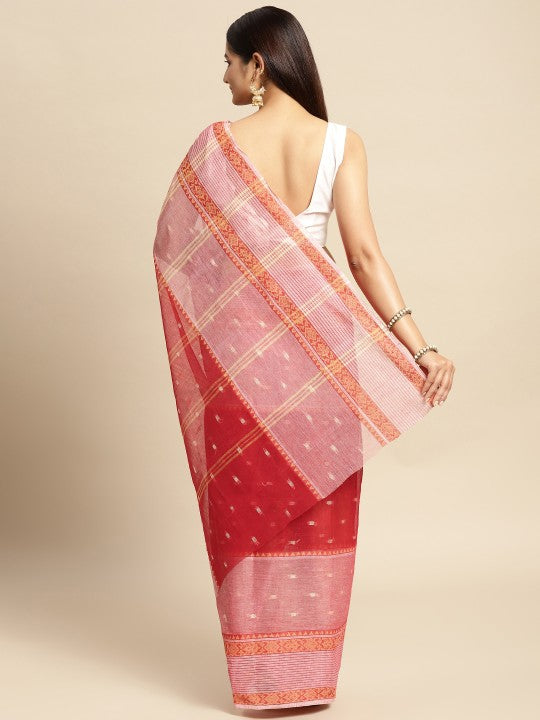 DESH BIDESH Red Ethnic Motifs Pure Cotton Taant Saree
