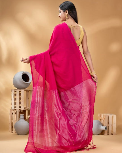 DESH BIDESH Pink Zari Pure Cotton Taant Saree for Women