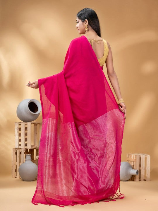DESH BIDESH Pink Zari Pure Cotton Taant Saree for Women