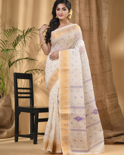 DESH BIDESH White Purple Woven Design Zari Pure Cotton Block Print Saree