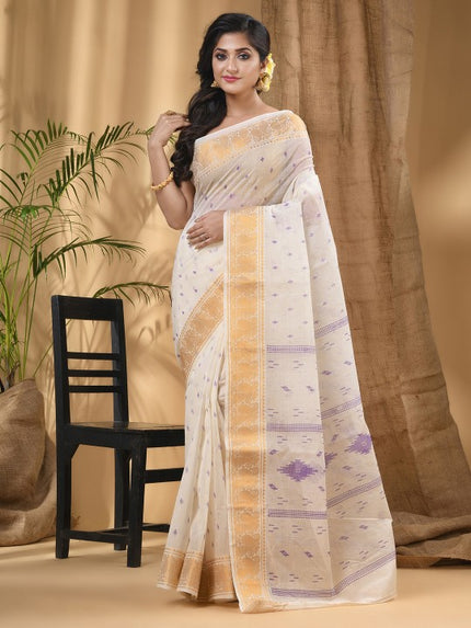 DESH BIDESH White Purple Woven Design Zari Pure Cotton Block Print Saree