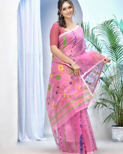 DESH BIDESH Pink & Blue Jamdani Saree with Ethnic Motifs and Woven Design