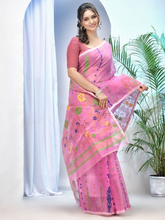 DESH BIDESH Pink & Blue Jamdani Saree with Ethnic Motifs and Woven Design