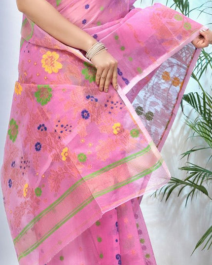 DESH BIDESH Pink & Blue Jamdani Saree with Ethnic Motifs and Woven Design