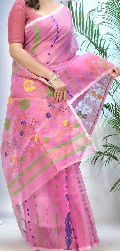 DESH BIDESH Pink & Blue Jamdani Saree with Ethnic Motifs and Woven Design