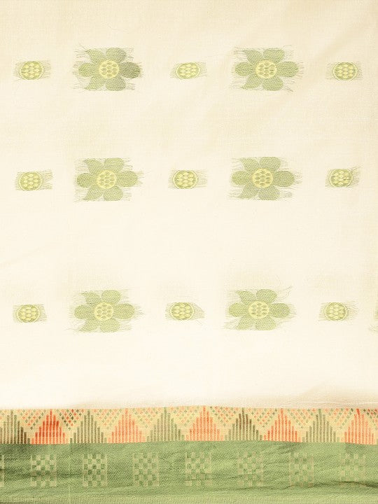 DESH BIDESH Off White & Green Ethnic Motifs Pure Cotton Taant Saree